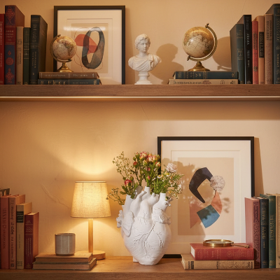 Vase cœur avec roses sur bibliothèque de bureau