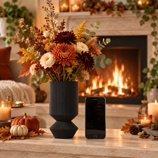 Vase décoré sur une cheminée avec fleurs d’automne et iPhone