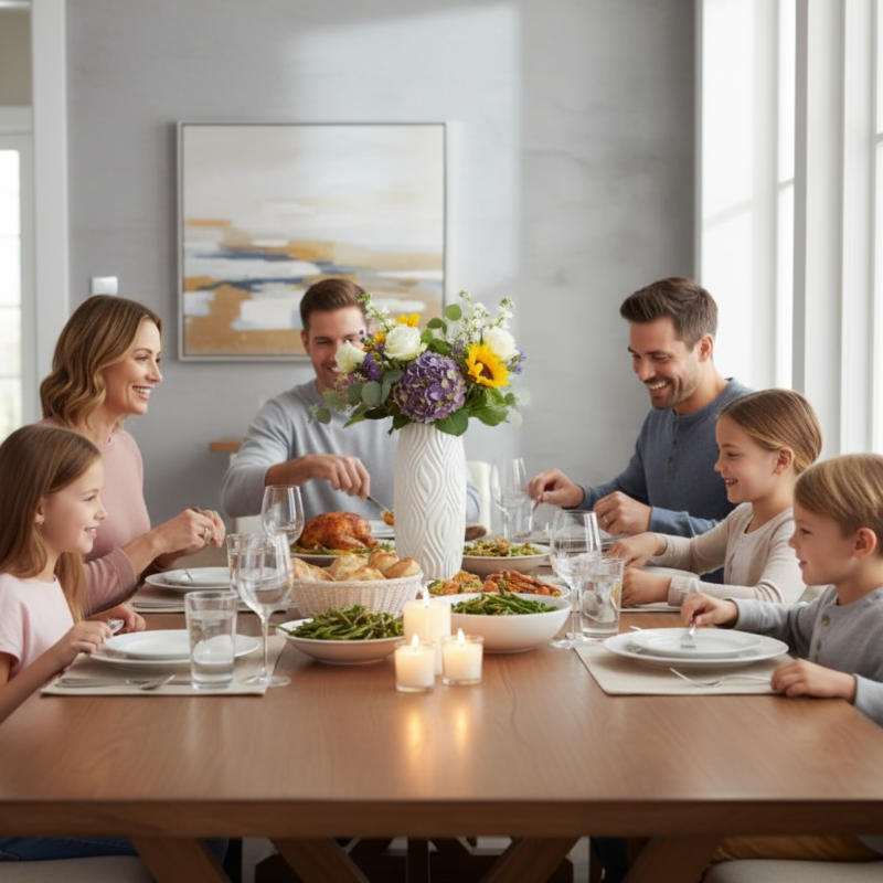 Vase fleurs sur la table de salle à manger entoure d'une famille