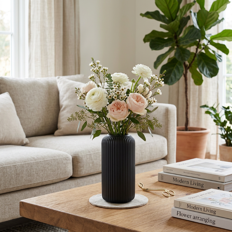 Vase noir avec des fleurs dans un salon moderne