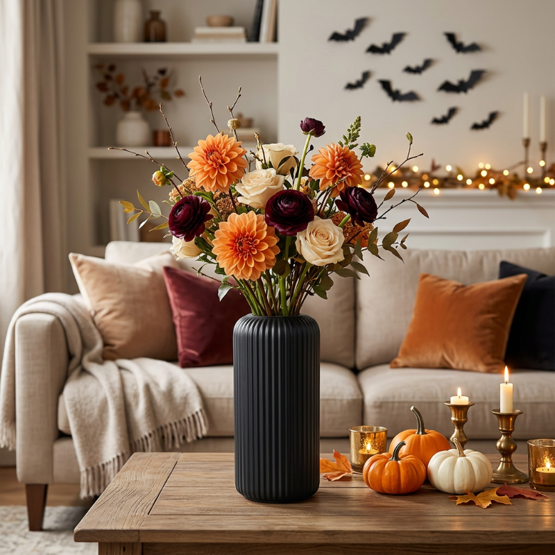 Vase noir fleuri dans un salon décoré pour Halloween