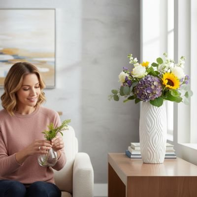 Vase Nordique  avec des fleur sur une table à côte de la fenêtre   