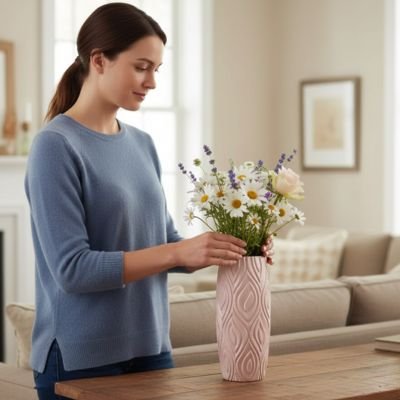 Vase Nordique rose sur la table dans le salon