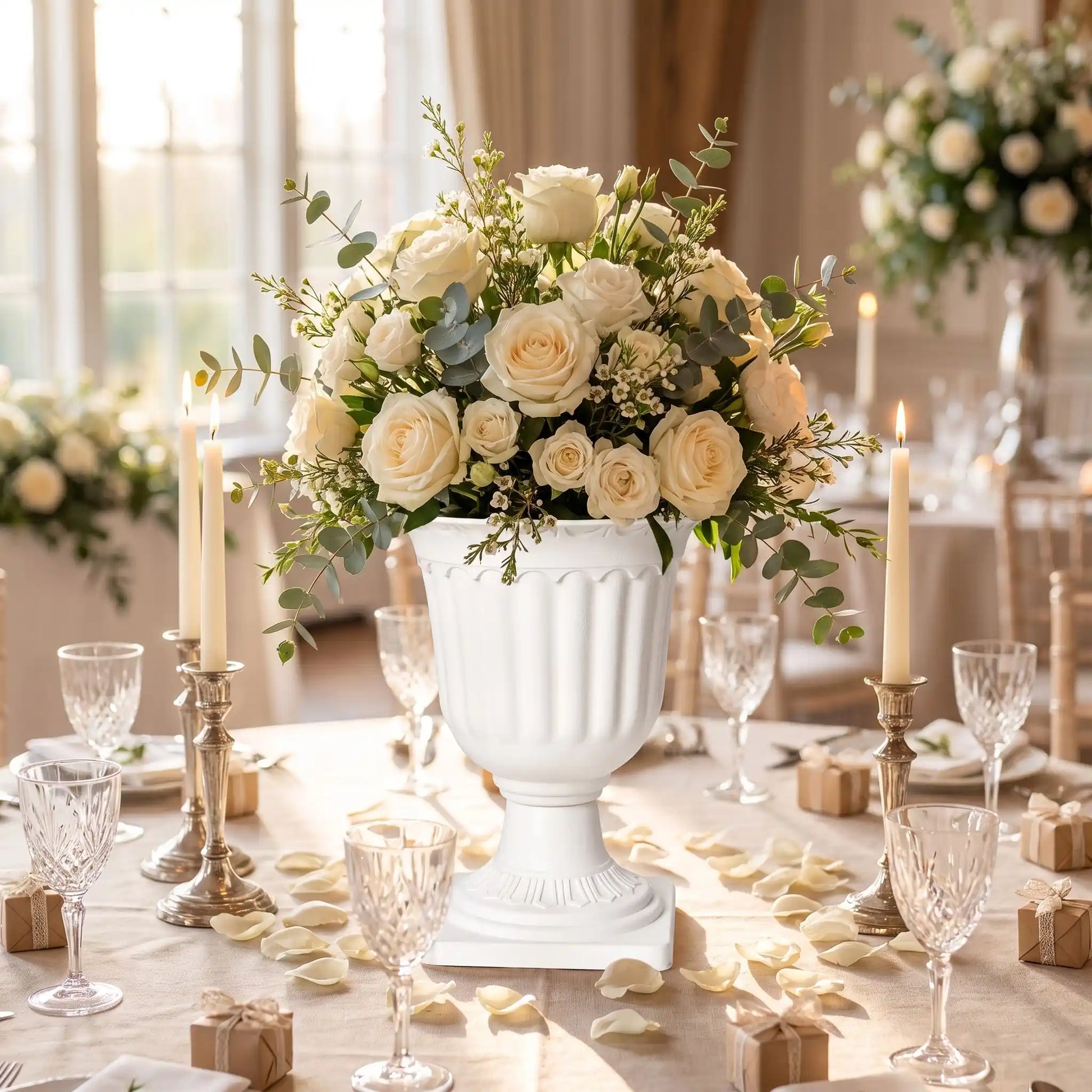 un vase sur la table de réception avec des rose dedans
