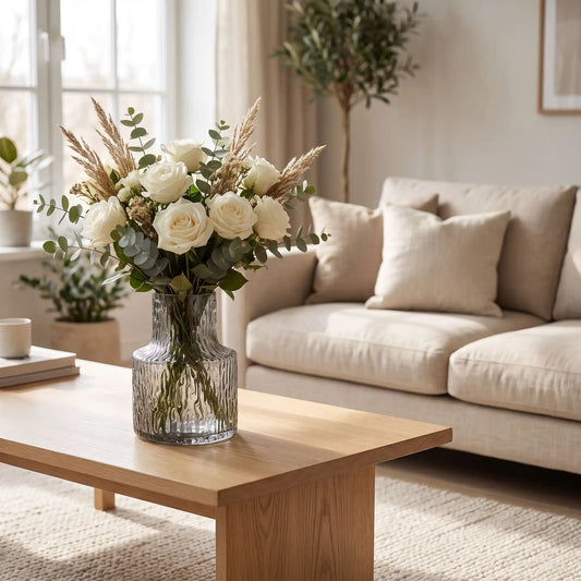 un vase sur la table de salon avec des fleurs