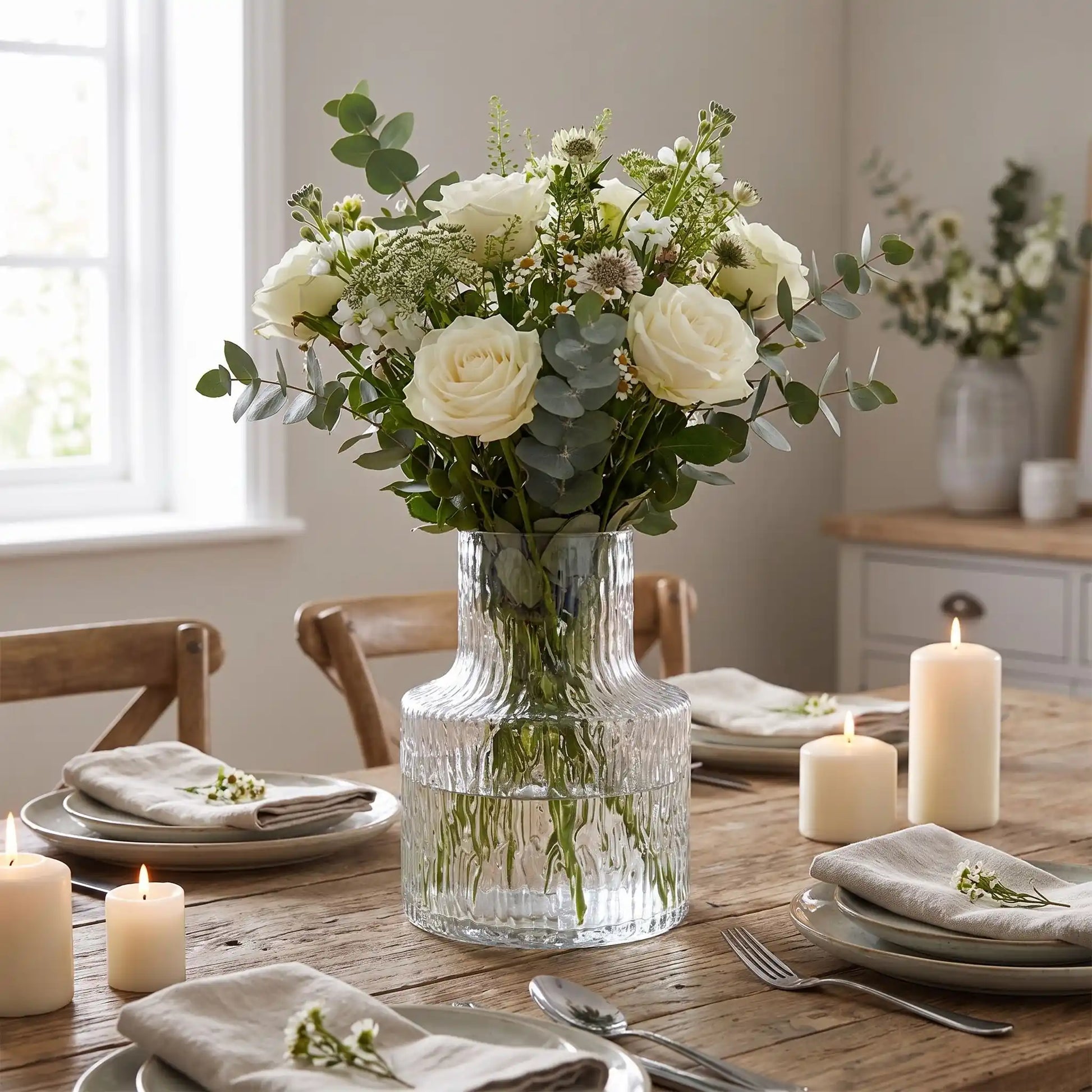 un vase en verre avec des fleurs décorent la table de la salle manger 