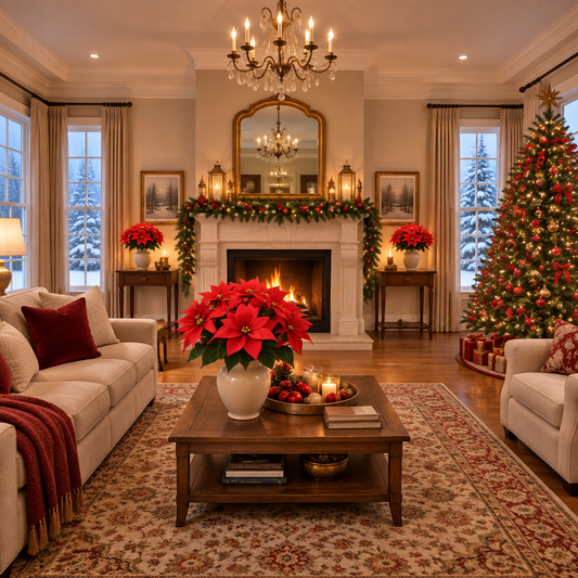 Vue d’ensemble du salon de Noël avec  des fleurs-poinsettias-rouges