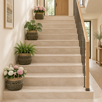 Vue d’ensemble d’un escalier décoré de cache-pots tressés avec fleurs et plantes vertes
