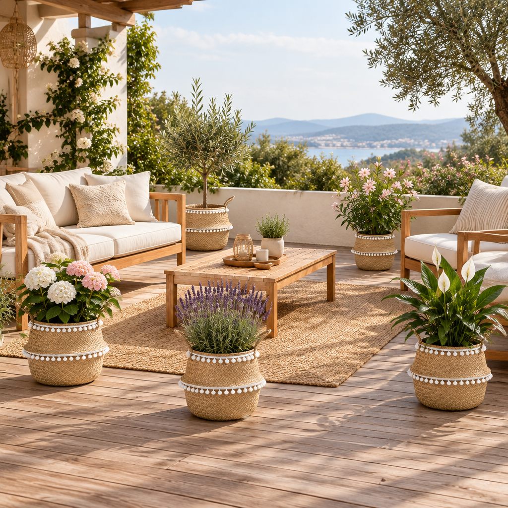Vue globale d’une terrasse avec cinq cache-pots fleuris